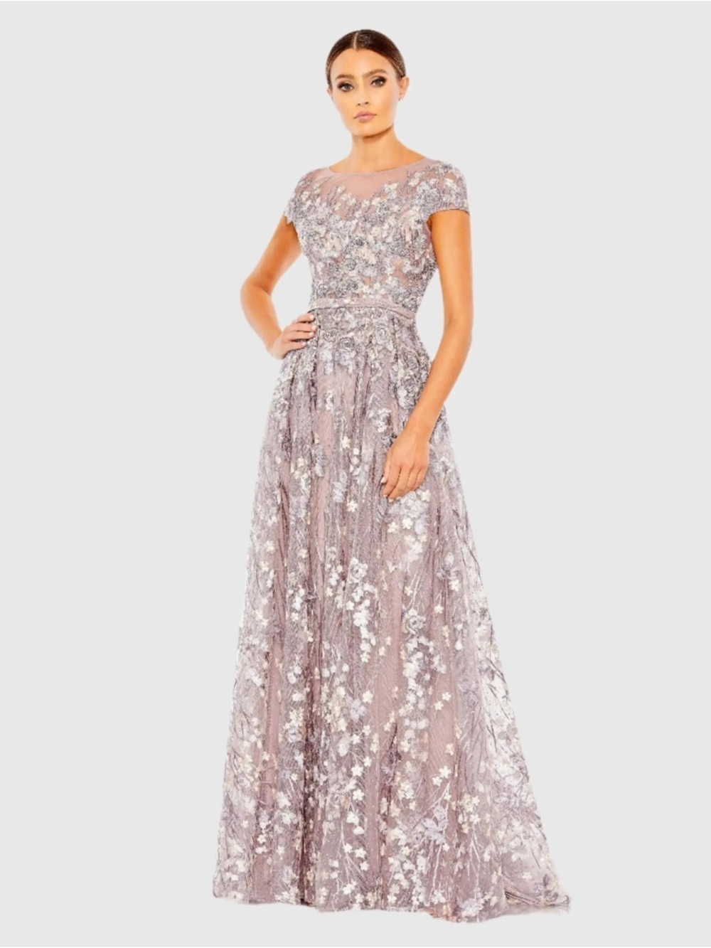 Mac Duggal 20405 Purple Embellished Floral Cap Sleeve A Line Gown Size 14 NWT
